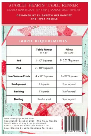 STARLET HEARTS TABLE RUNNER TIPSY NEEDLE PATTERN