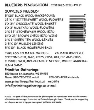 PRIMATIVE GATHERINGS BLUEBIRD PINCUSHION PRI-345 PATTERN ONLY