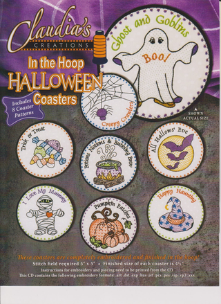 IN THE HOOP HALLOWEEN COASTERS CD, CLAUDIA'S CREATIONS